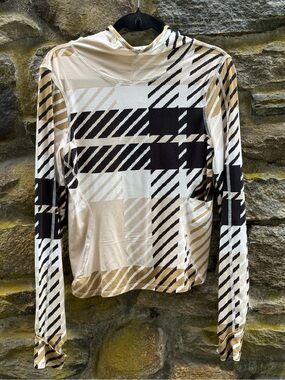 Free People Movement Hooded Long Sleeve Top Plaid Neutral Stretch Tee M